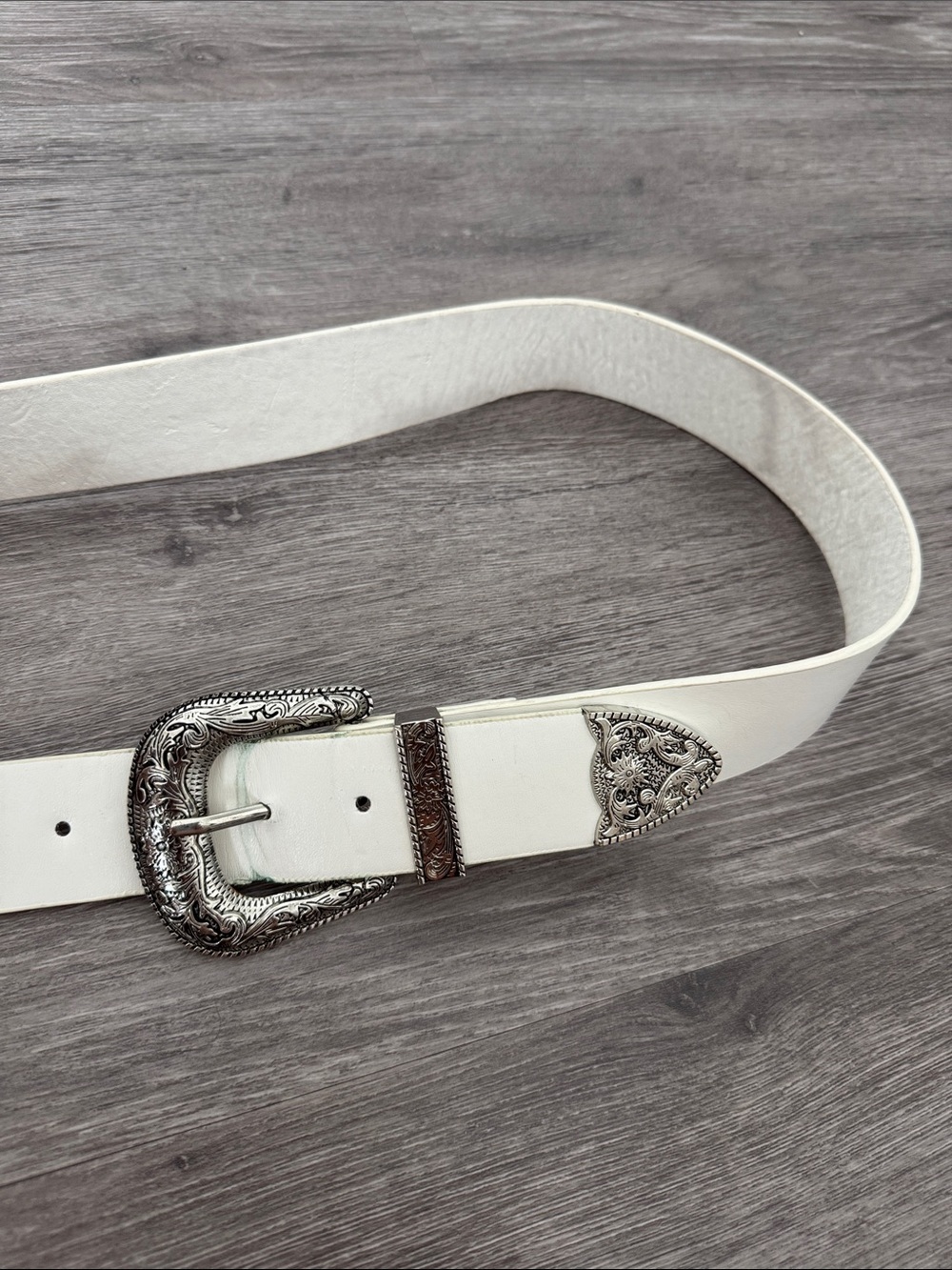 Double Buckle White Western Belt with Engraved Silver Hardware - Picture 2 of 5